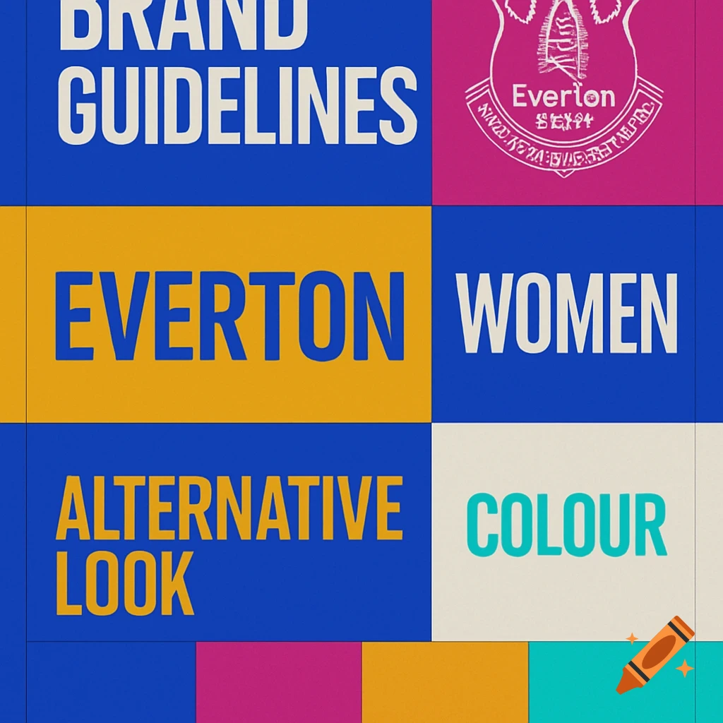 A graphic design mock-up with blocks of text and an Everton football club crest on coloured squares. Text reads "Brand Guidelines", "Everton Women", "Alternative Look", "Colour".