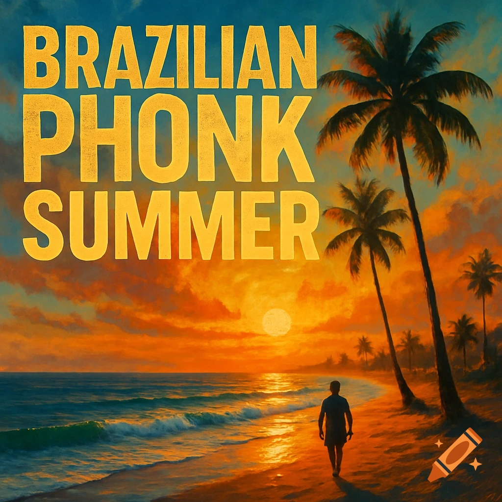 Person walks on beach at sunset with palm trees and 'BRAZILIAN PHONK SUMMER' text overlay.