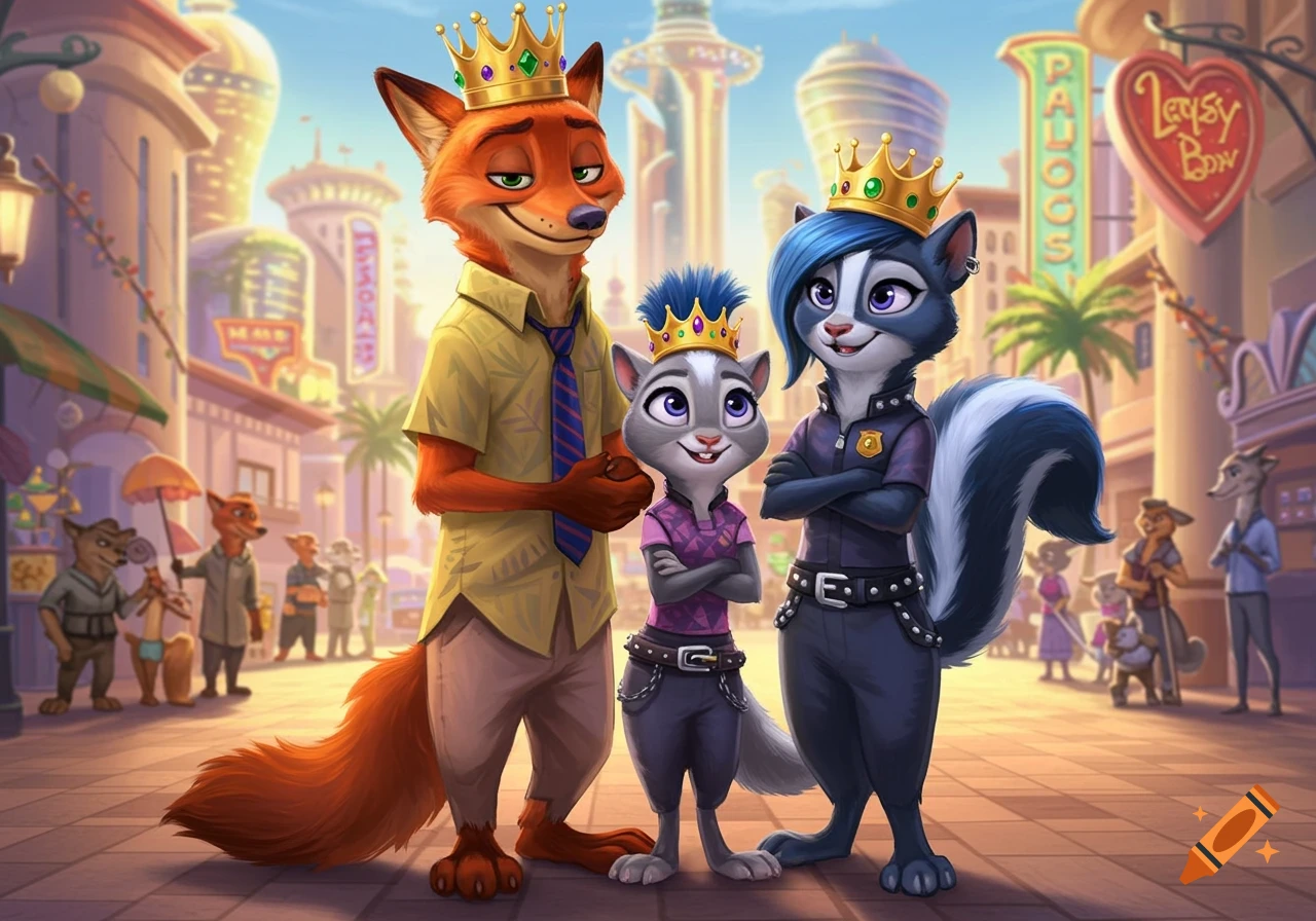 Cartoon anthropomorphic fox, skunk, and smaller animal wearing crowns in a city street.