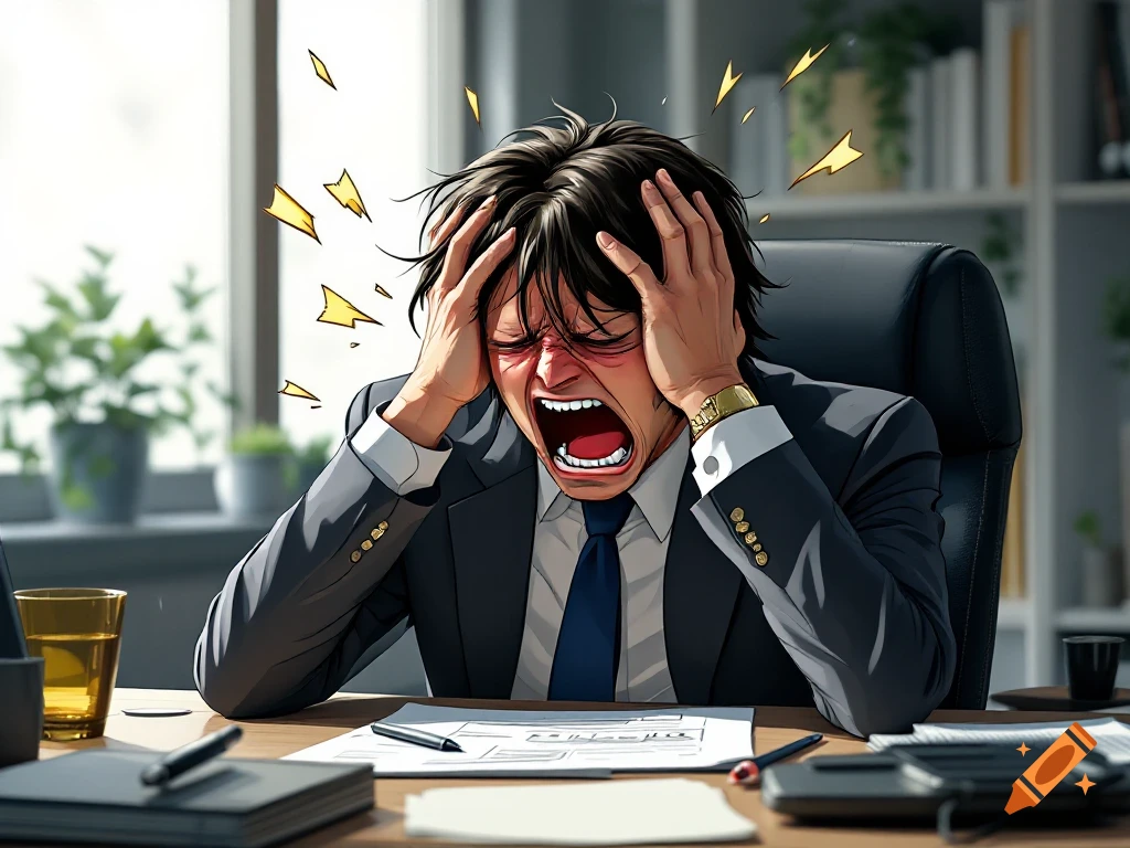 Anime-style man in suit screams in despair at office desk