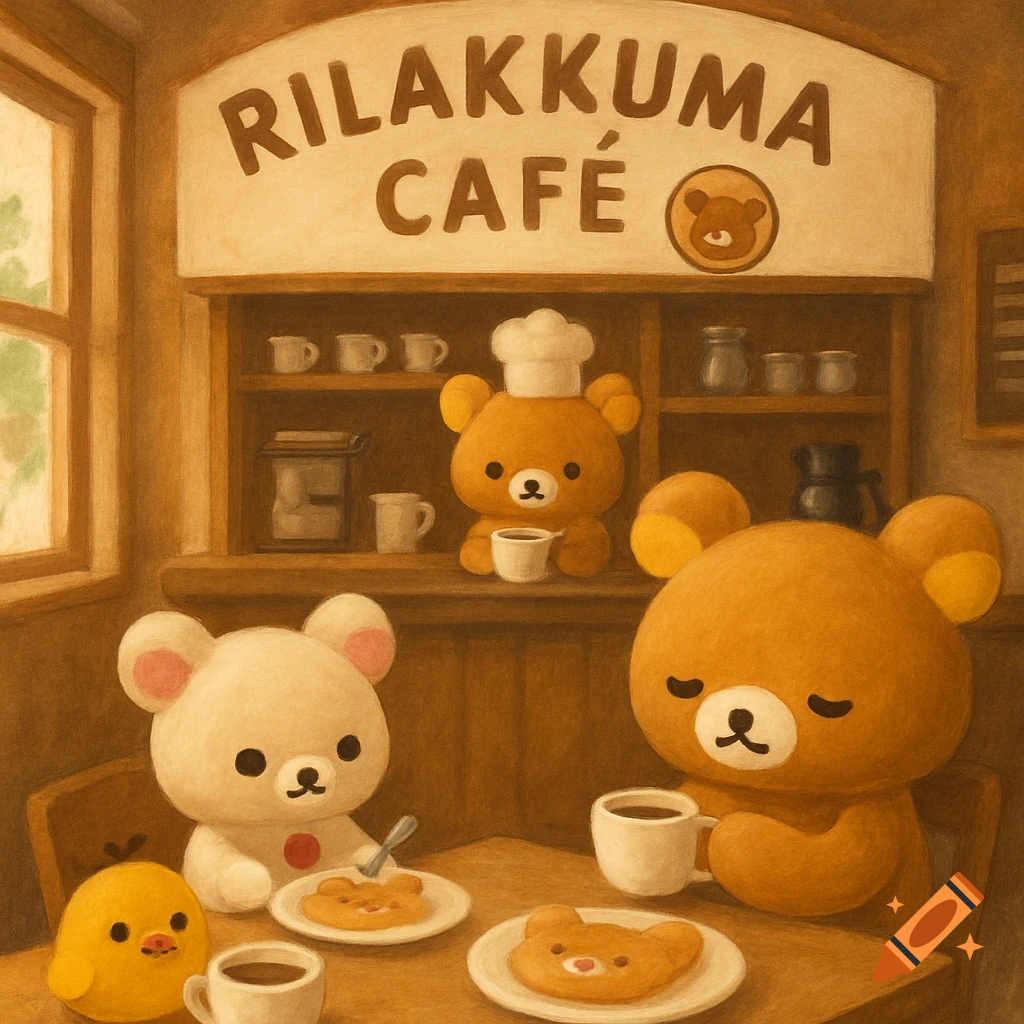 Rilakkuma, Korilakkuma, and Kiiroitori sit at a table with coffee and snacks in a Rilakkuma Cafe illustration.