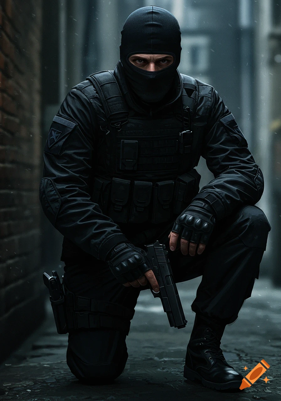 A man in tactical gear, including a balaclava and gloves, kneels in an alley holding a handgun.