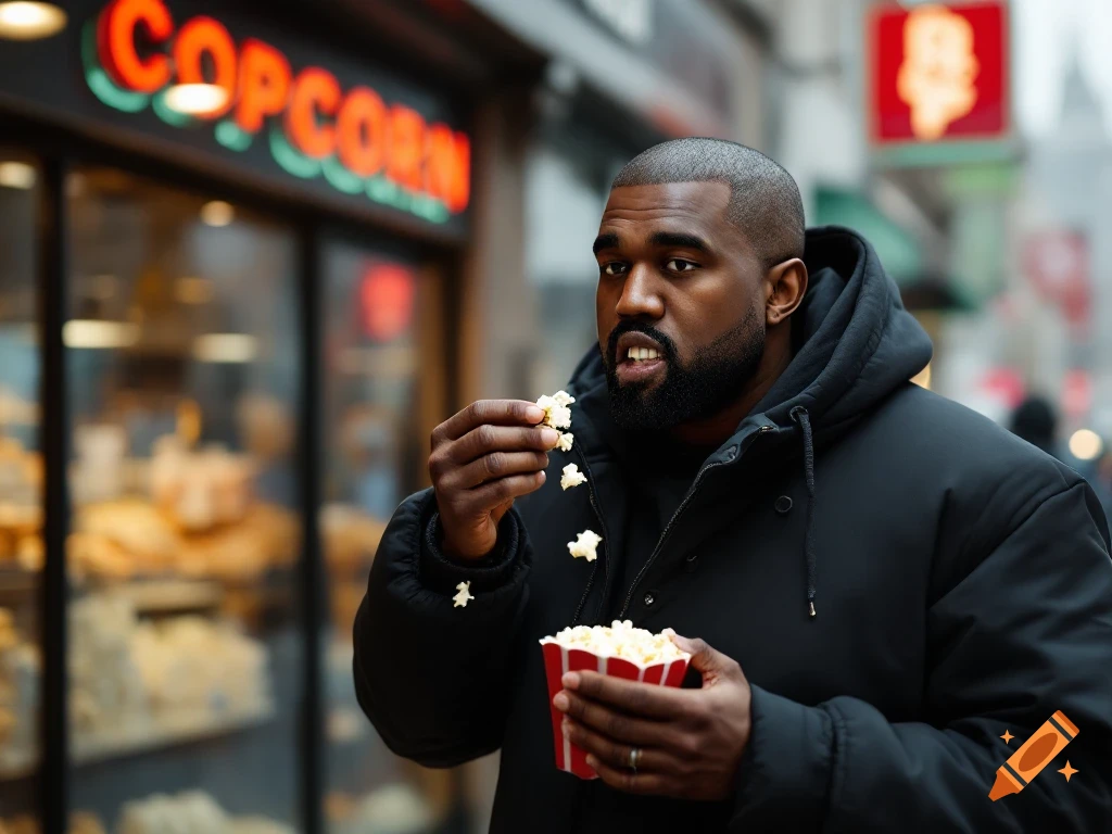Man resembling Kanye West eats popcorn outside a store with a sign