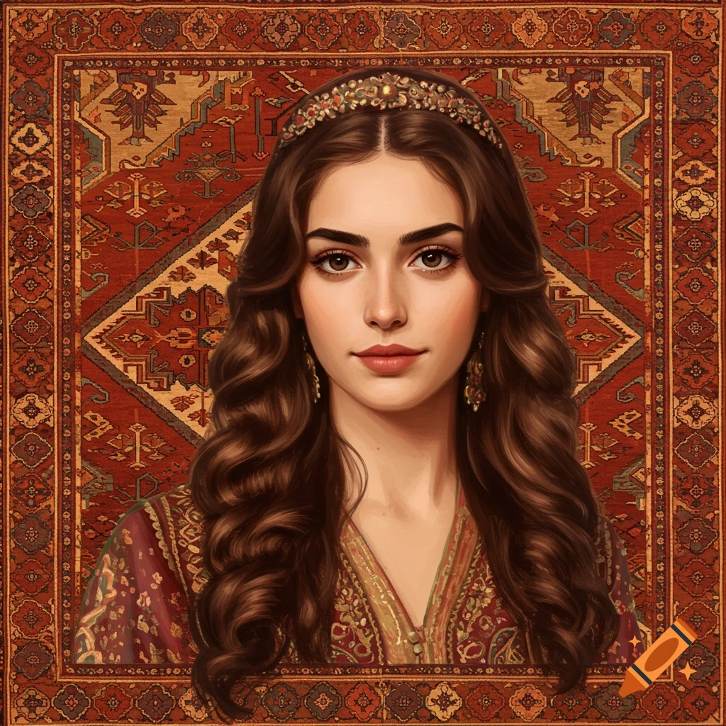 Portrait of a young woman in traditional attire against a detailed red patterned background.