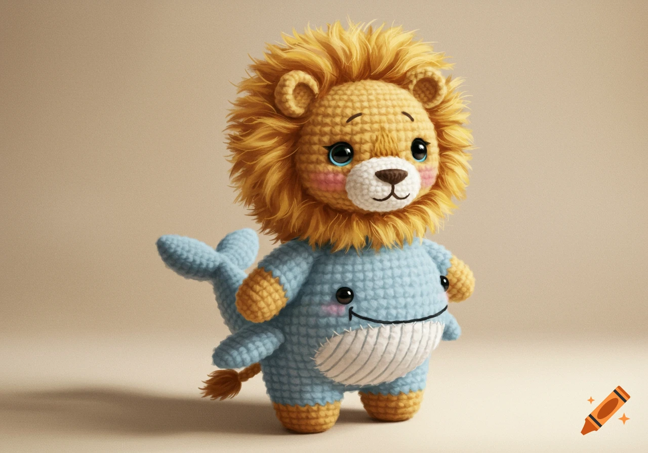 A cute crocheted lion toy wearing a blue whale costume.