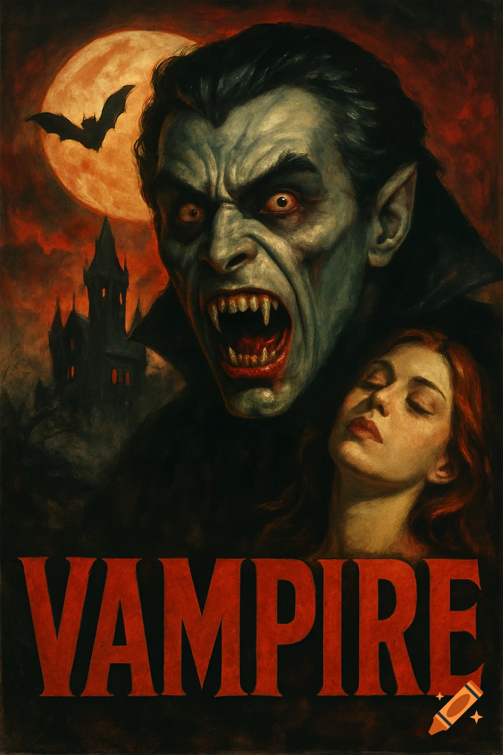 Painted horror movie poster featuring a vampire, a woman, and the title 'VAMPIRE'.