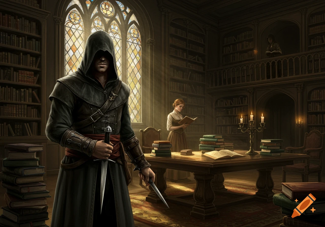 A hooded figure resembling an assassin stands in a dark library filled with books, a woman reads nearby.
