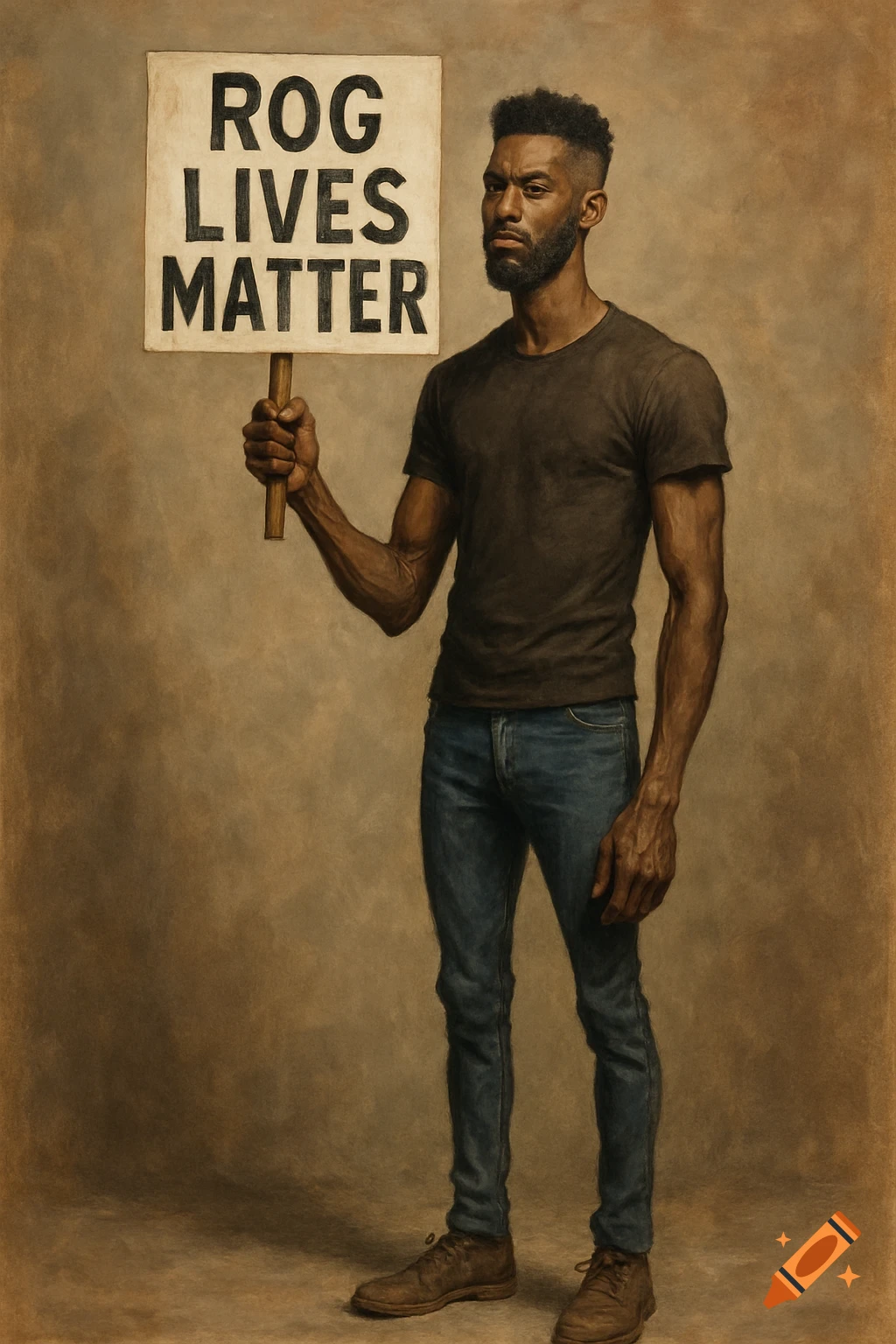A man holds a sign that reads "ROG LIVES MATTER" in a realistic painting style.