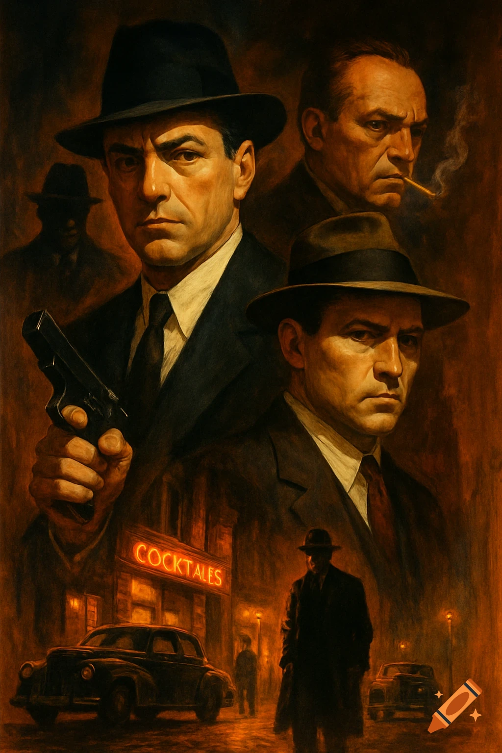 Vintage-style painting collage of men in hats and suits, with a gun, classic cars, and a neon 'COCKTAILS' sign in a moody, dark street.