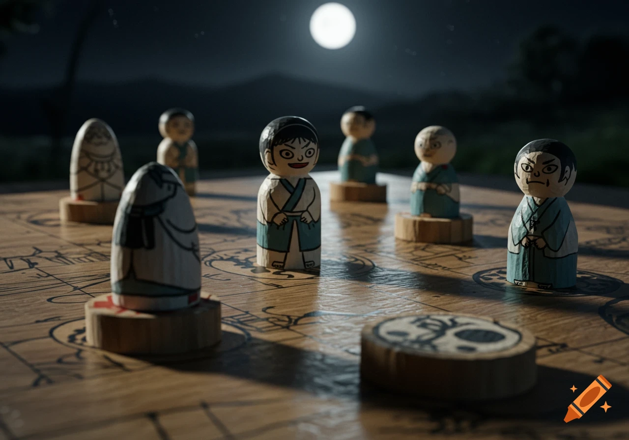 Closeup of stylized wooden character pieces on a Japanese board game under moonlight.