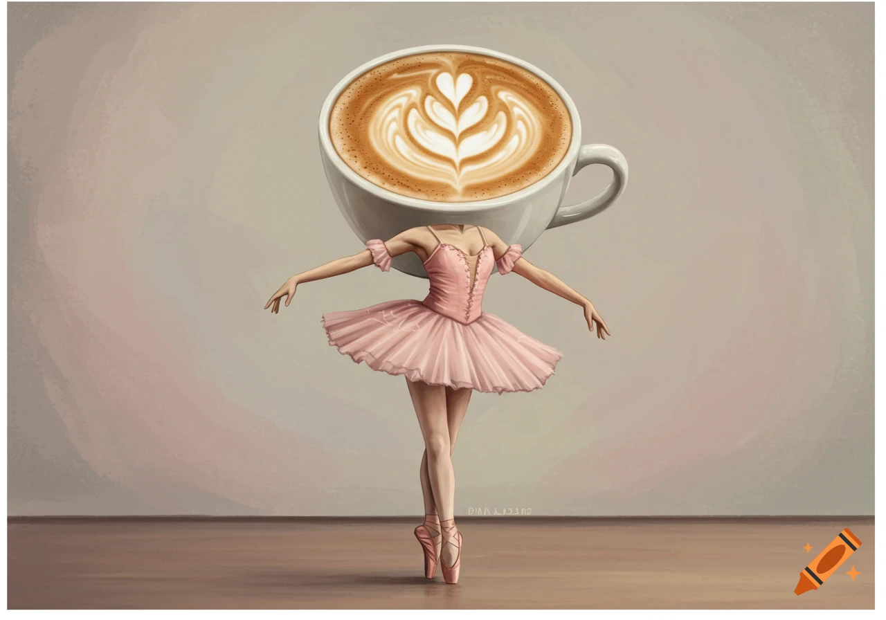 A ballerina with a coffee cup as a head, standing en pointe.