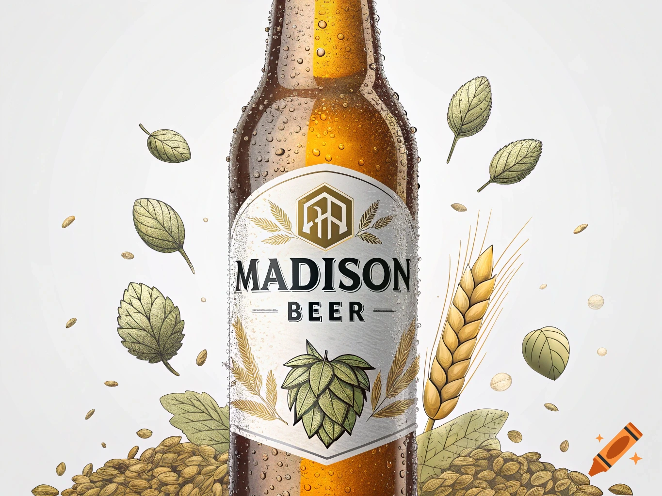 Close-up studio photo of a beer bottle with water droplets, surrounded by hops and grain.