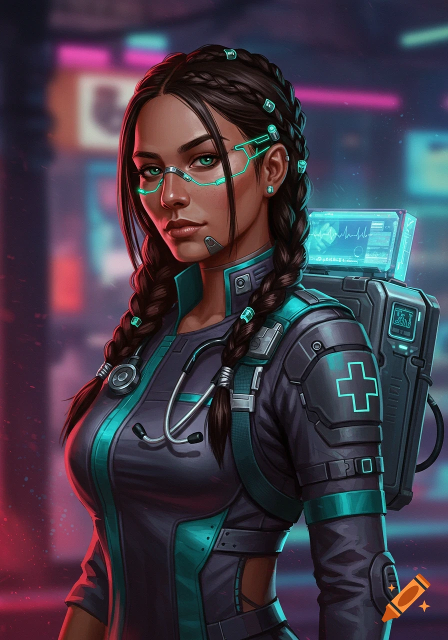 A digital art portrait of a cyberpunk medic with braided hair and futuristic gear against a neon city background.