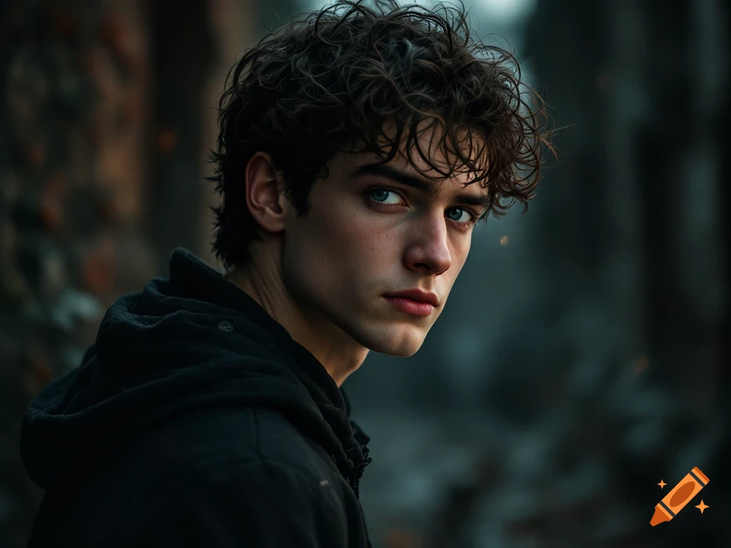 Close-up photorealistic portrait of a young man with curly dark hair and blue eyes in a black hoodie.