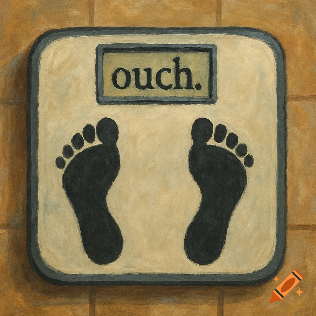 A stylized painting of a bathroom scale with black footprints and the word 'ouch.' on the display.