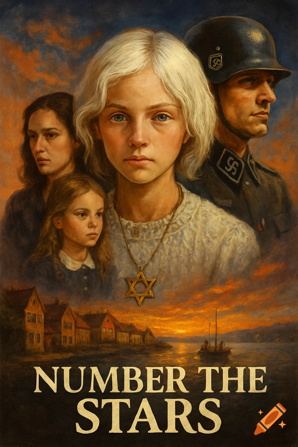 Portrait of a young girl with a Star of David necklace, a woman, and a man in uniform, with houses and water below. Titled NUMBER THE STARS.