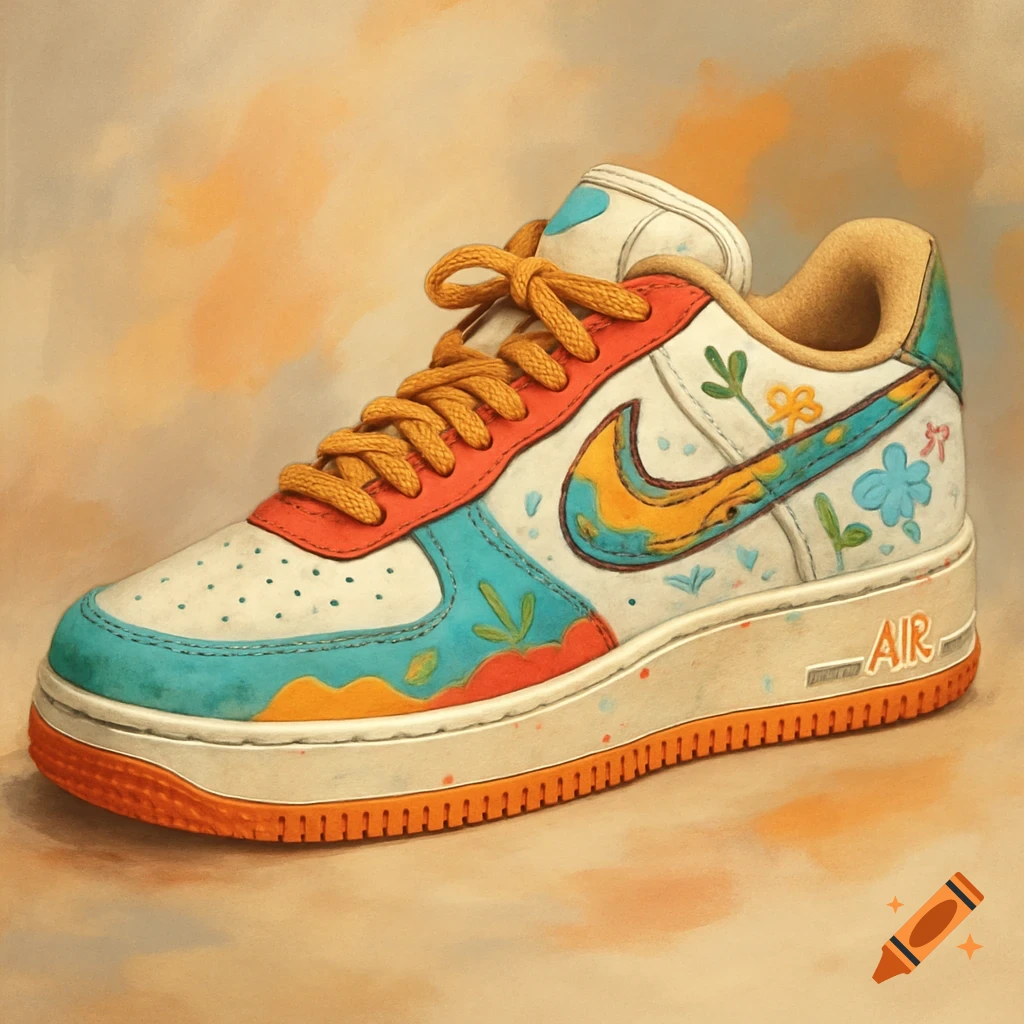 A custom Nike Air Force 1 sneaker with floral design in a painterly style