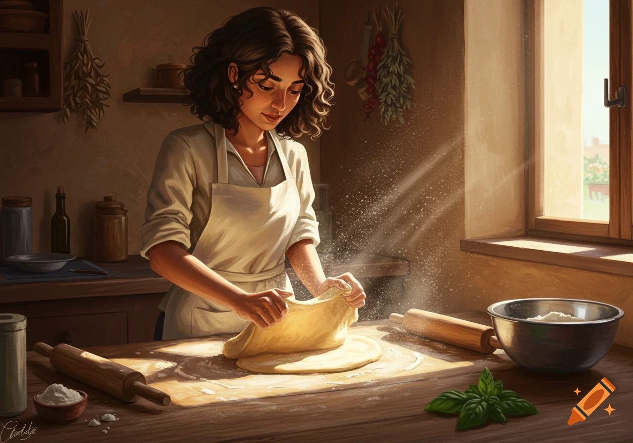 A woman is making dough in a sunlit kitchen.