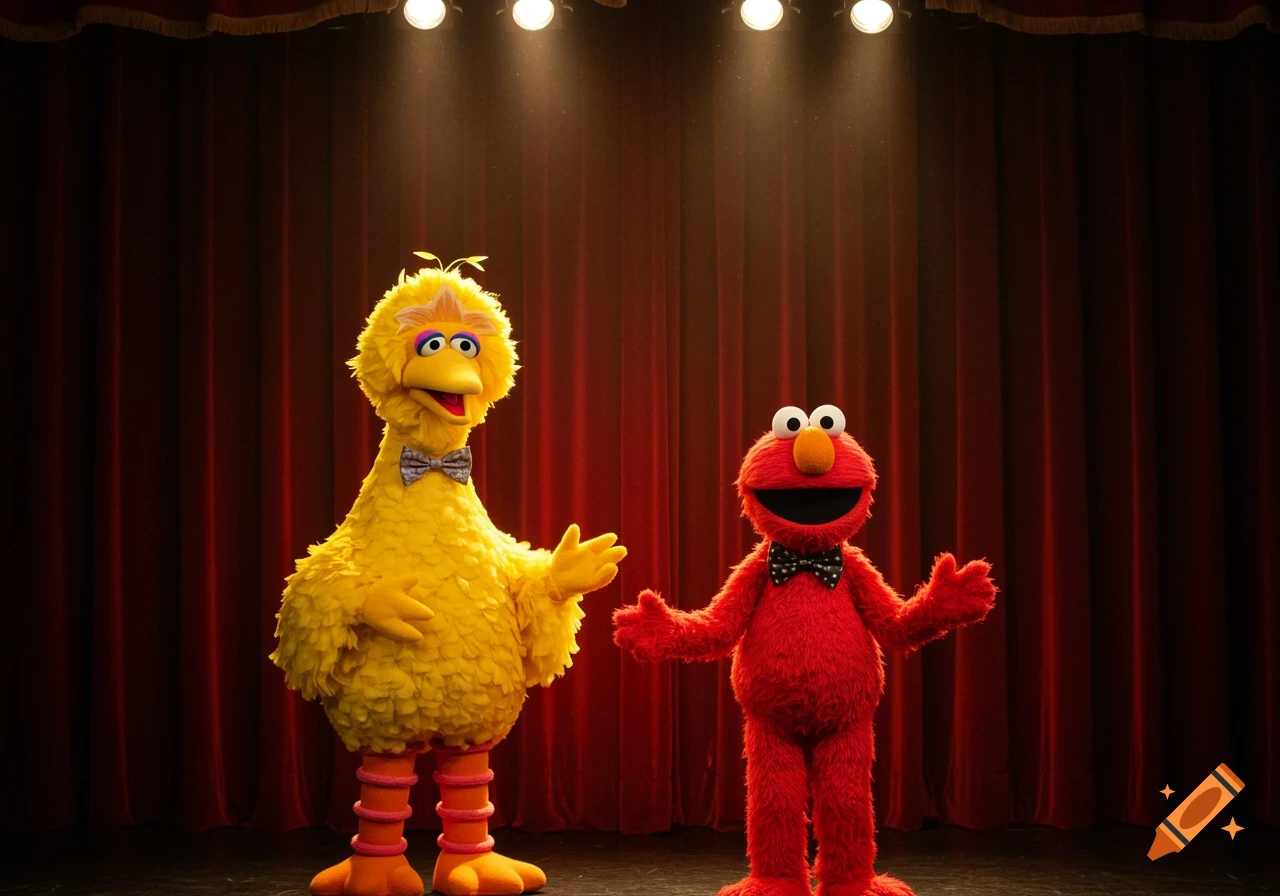 Big Bird and Elmo on a stage with a red curtain, wearing bow ties.