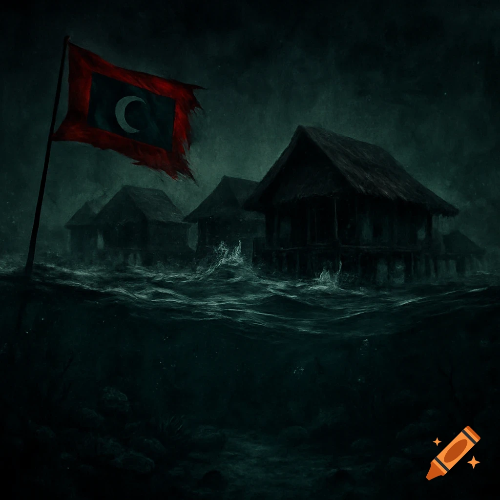 Dark, horror-style scene of Maldives villas submerged in stormy water with a flag flying