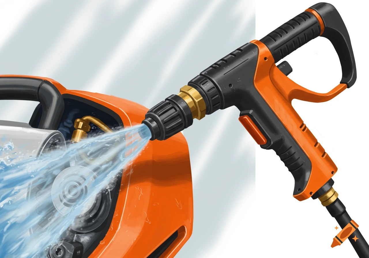 Close-up illustration of an orange and black pressure washer spraying water.