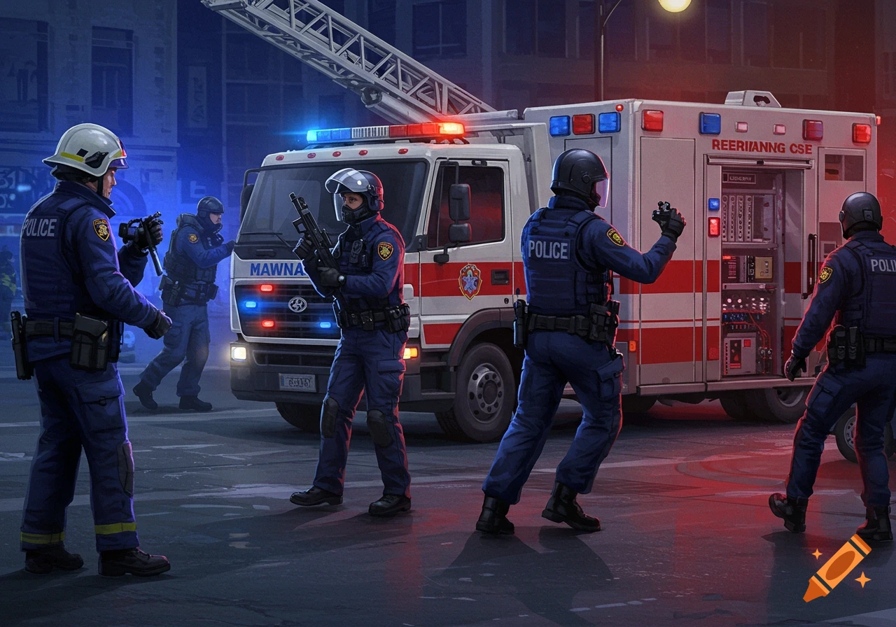 Illustration of police officers around an emergency vehicle with flashing lights.