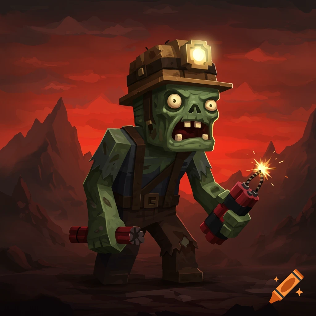 Blocky zombie miner with helmet and dynamite in a red landscape.