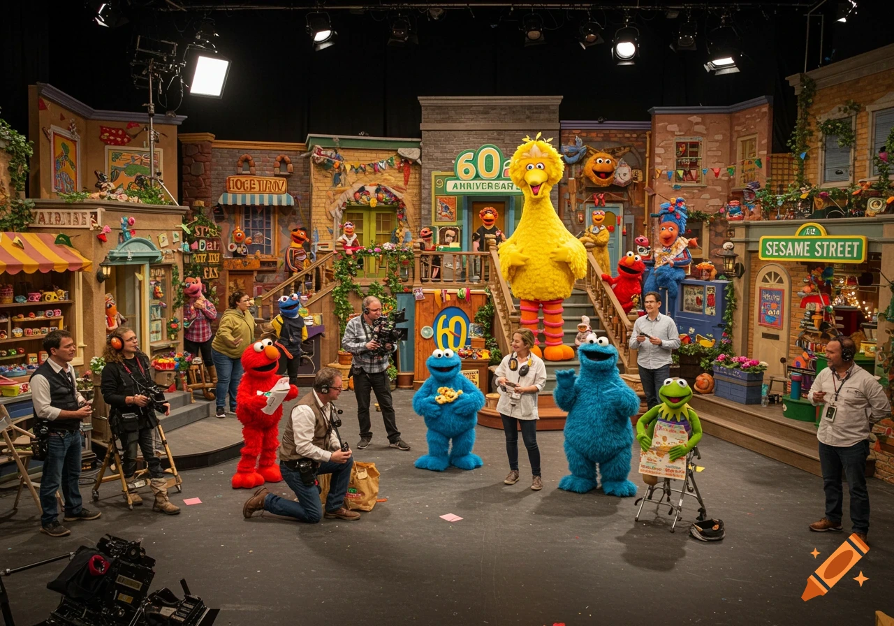 Behind the scenes on the Sesame Street set for the 60th anniversary with Big Bird, Elmo, Cookie Monster, and Kermit.