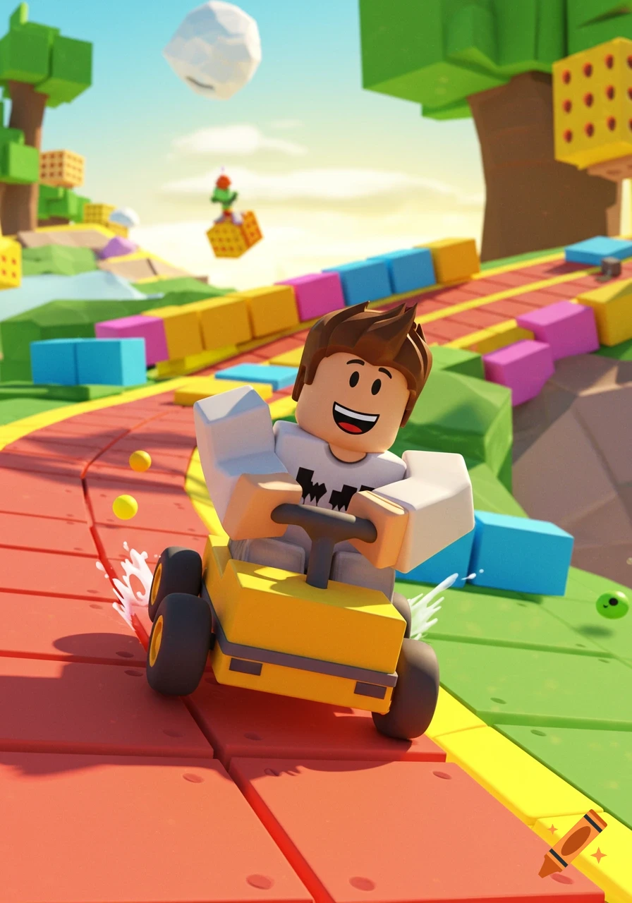 A blocky character in a yellow cart on a colorful track in a bright game world.