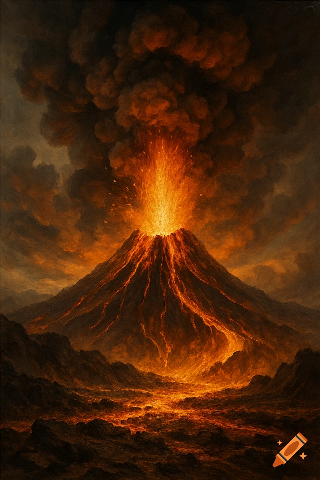 A dramatic painting of a volcano erupting with lava flowing down its sides and smoke filling the sky.