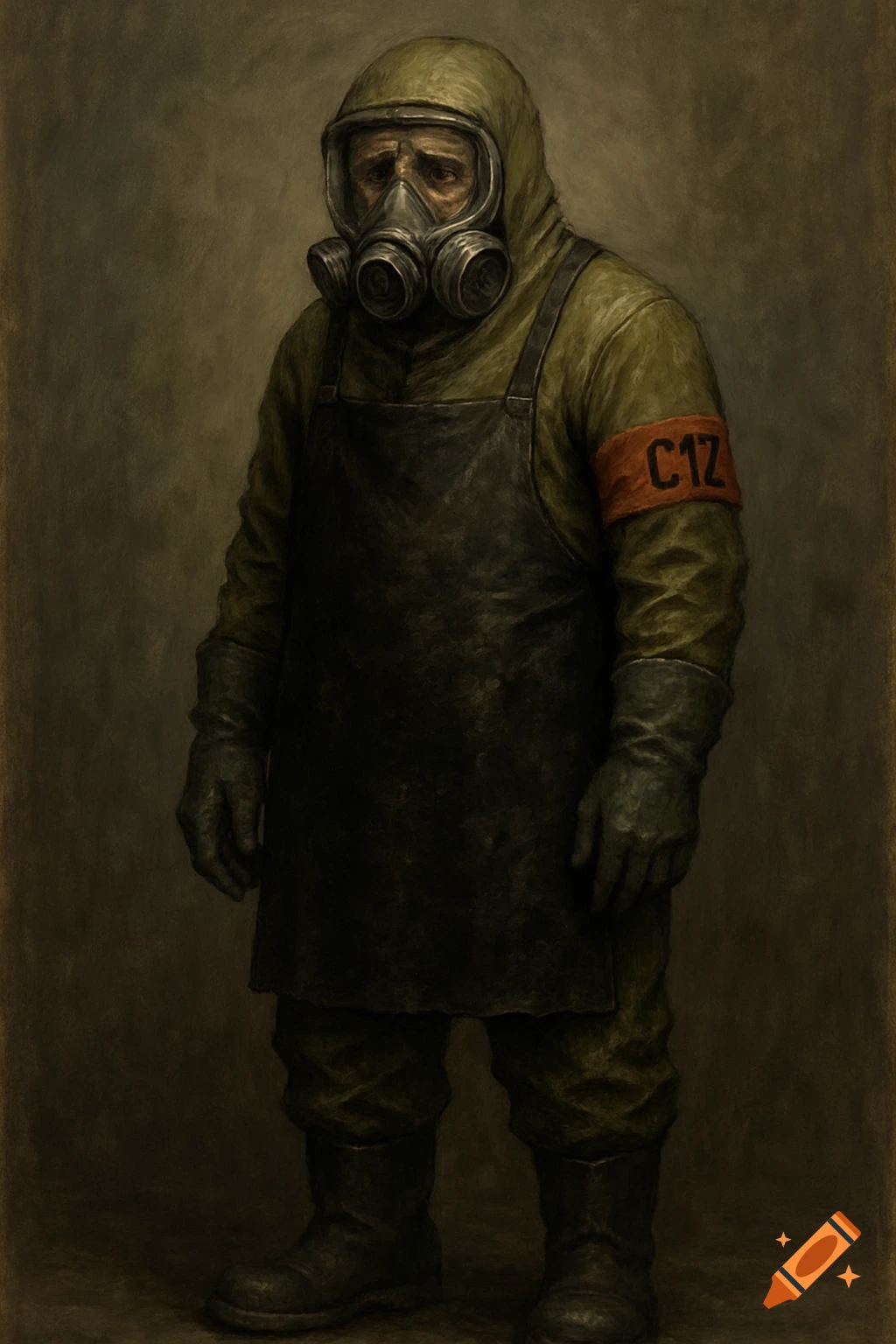 A sad figure in a hazmat suit, gas mask, and apron stands in a dark, painterly style.