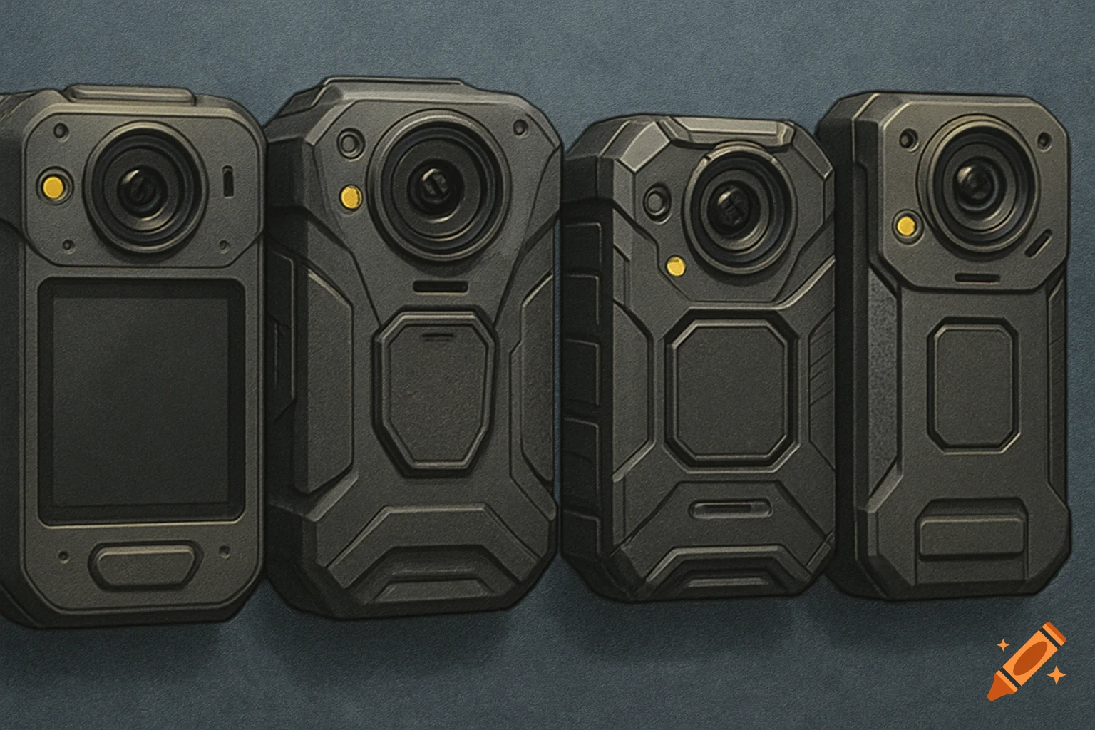Four dark body-worn cameras against a dark background. on Craiyon
