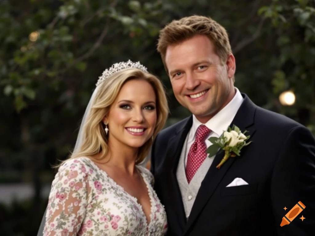 A smiling couple dressed in wedding attire pose together outdoors.