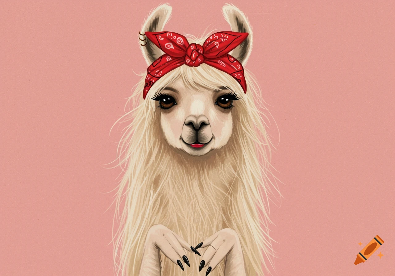 Illustration of a llama wearing a red bandana and makeup against a pink background