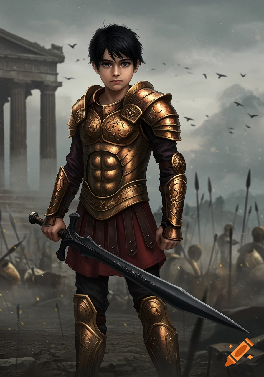 A young boy in golden Greek armor holds a black sword on a battlefield with ruins and soldiers in the background.