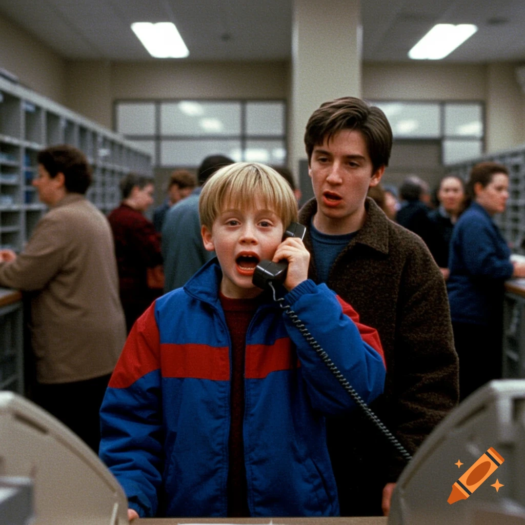 A young boy on a phone with a shocked expression, standing in a busy office with another person behind him.