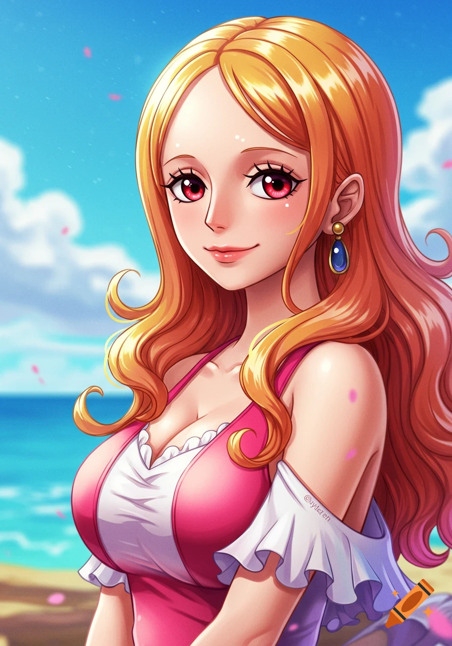 Anime style drawing of a woman with strawberry blonde hair and red eyes in a pink dress on a beach.