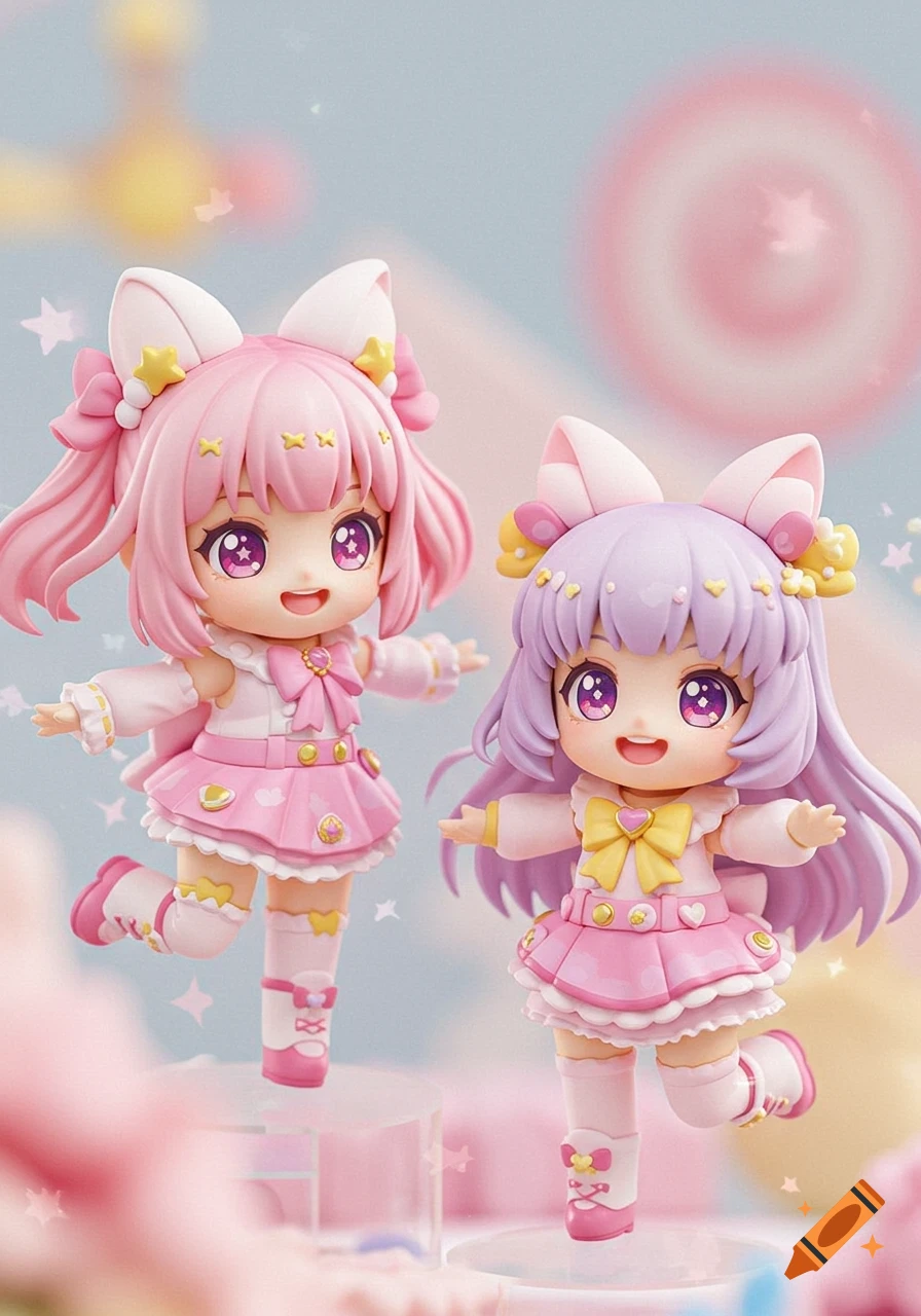 Two cute anime girl figurines in pink and purple outfits in a pastel setting.
