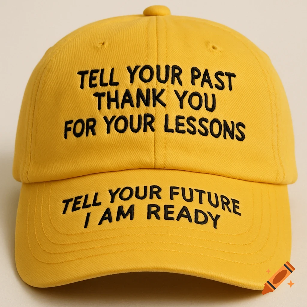Yellow baseball cap embroidered with text reading "Tell your past thank you for your lessons Tell your future I am ready"