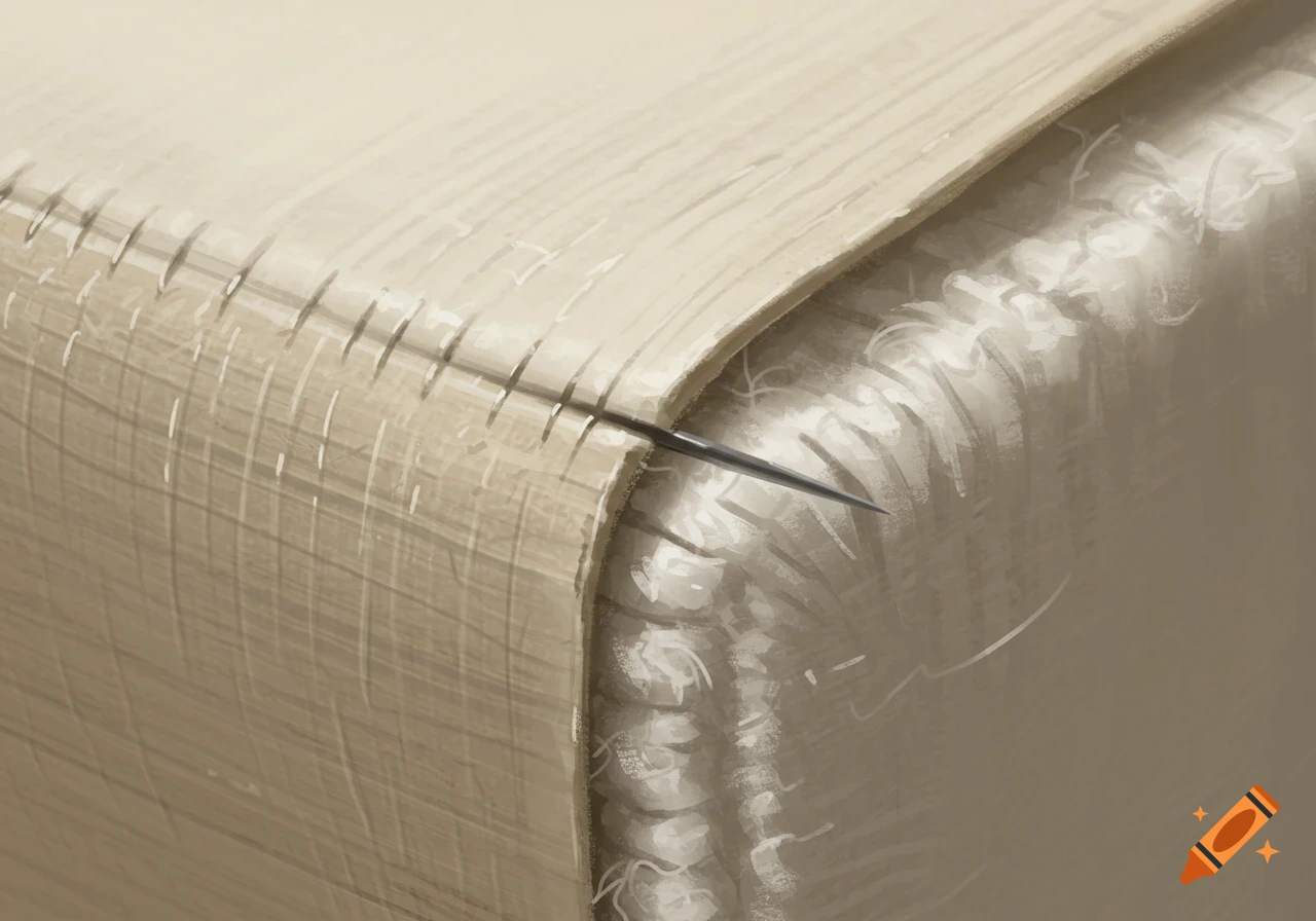 Close-up of a needle stitching into padded material with a painterly style.