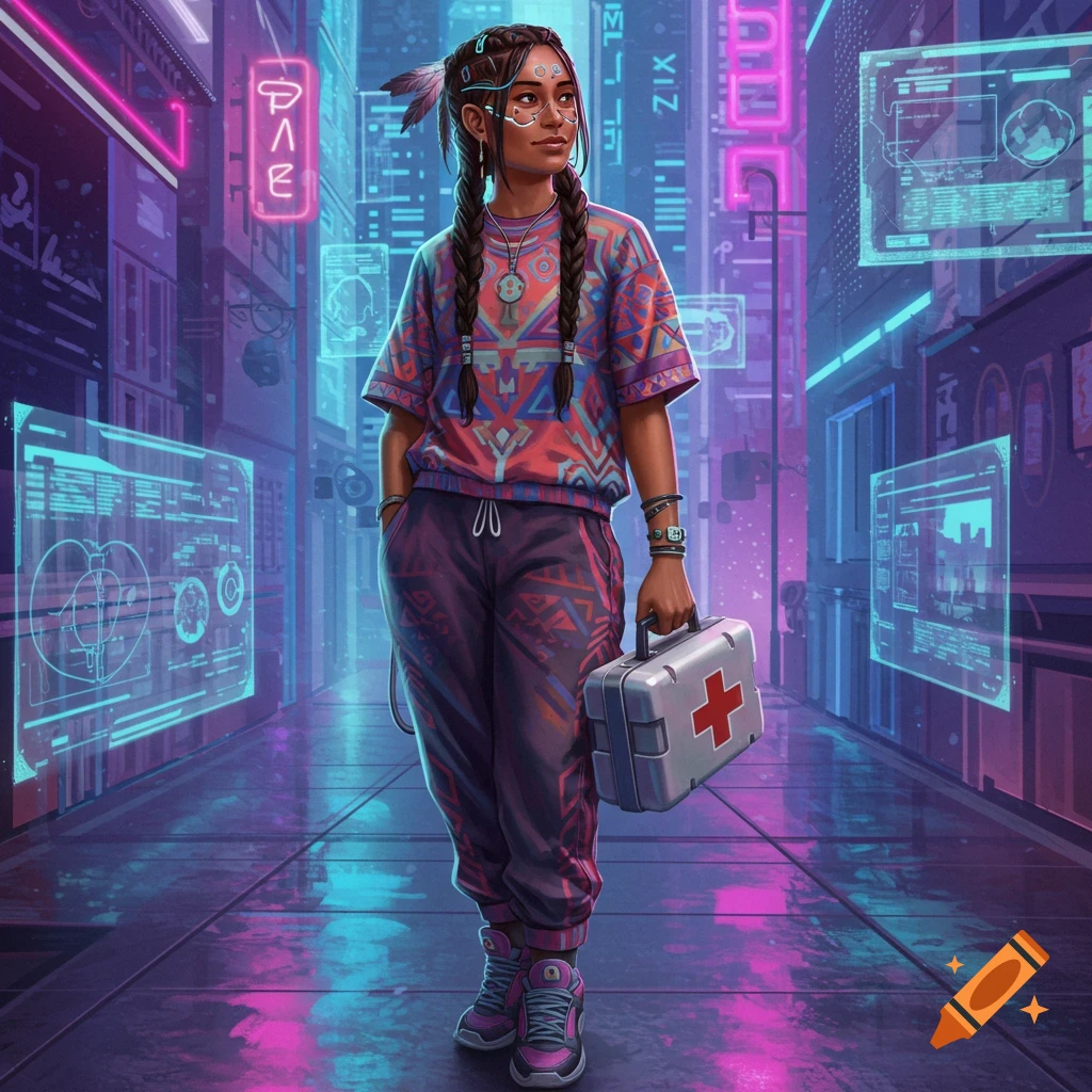 A Navajo girl in cyberpunk leisure wear holds a first aid kit on a neon-lit futuristic city street.