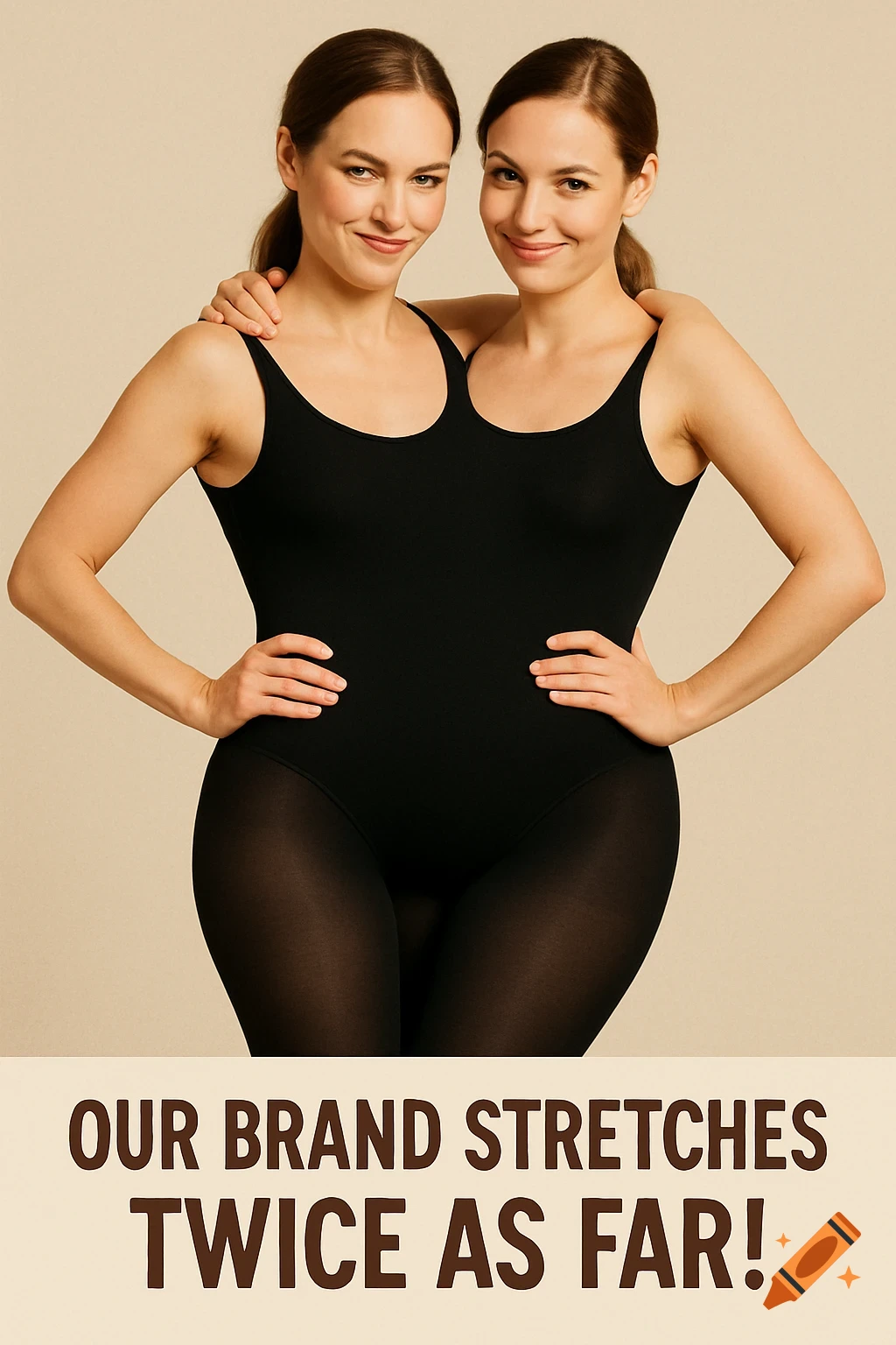 Two women in black leotard and tights creating a two-headed illusion, with text 'Our brand stretches twice as far!' below.