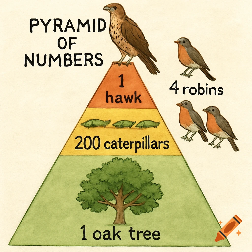 Watercolor illustration of a pyramid of numbers diagram showing 1 oak tree, 200 caterpillars, 4 robins, and 1 hawk.