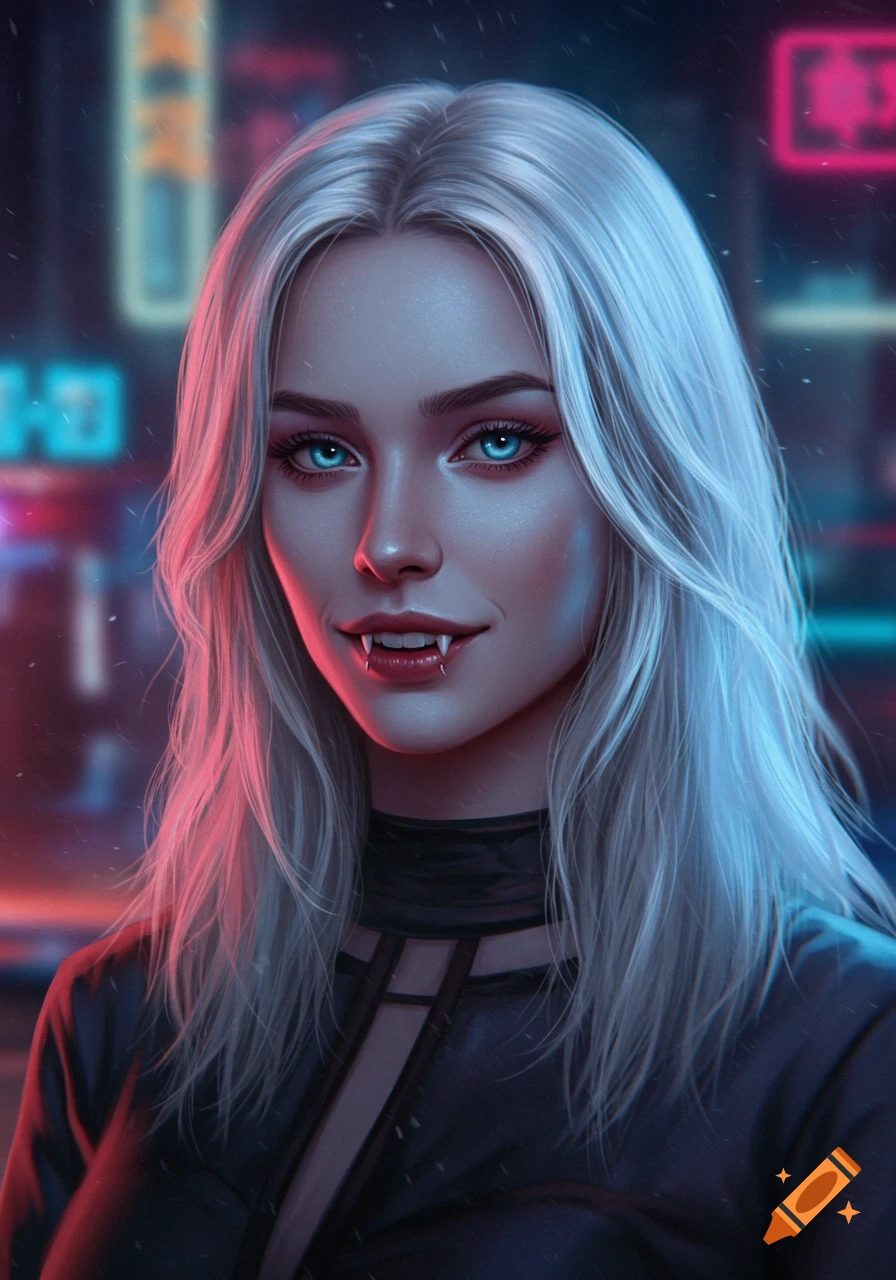 Digital art portrait of a female vampire with silver hair, blue eyes, and fangs against a neon city background.