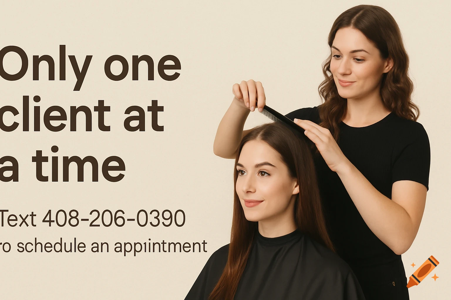 Hairstylist working on a client with text overlay about appointments.
