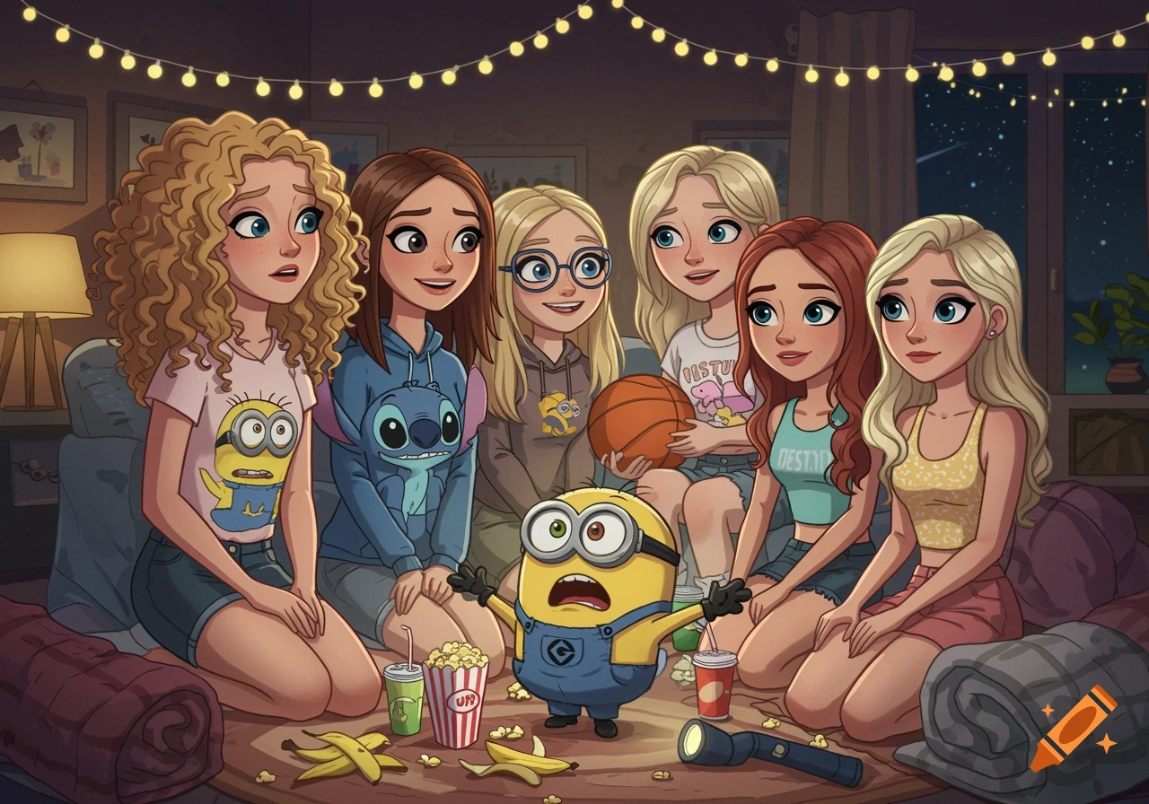 Cartoon of girls and a minion at a sleepover with popcorn, drinks, and fairy lights.