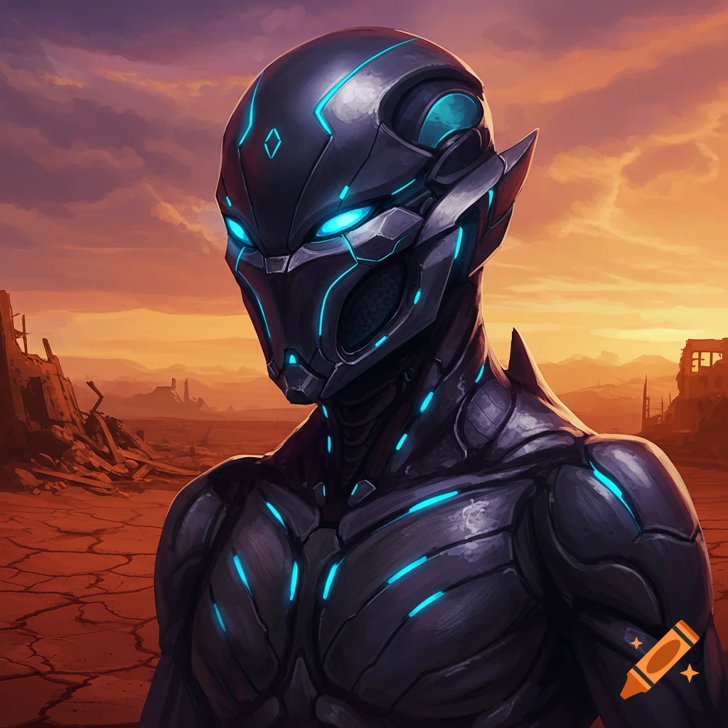 Dark armored sci-fi character with glowing blue accents in a desolate wasteland at sunset.