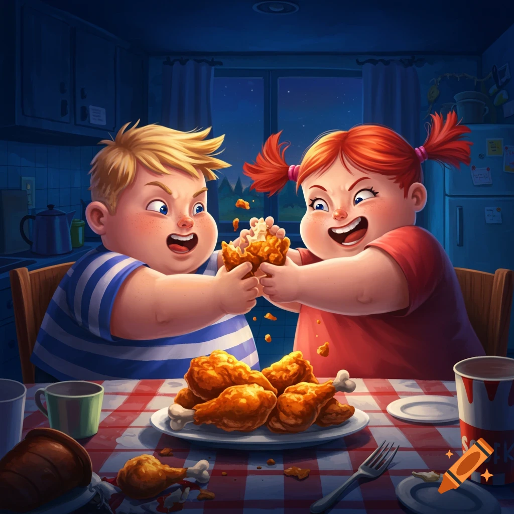 Cartoonish children fighting over a plate of fried chicken at a table.