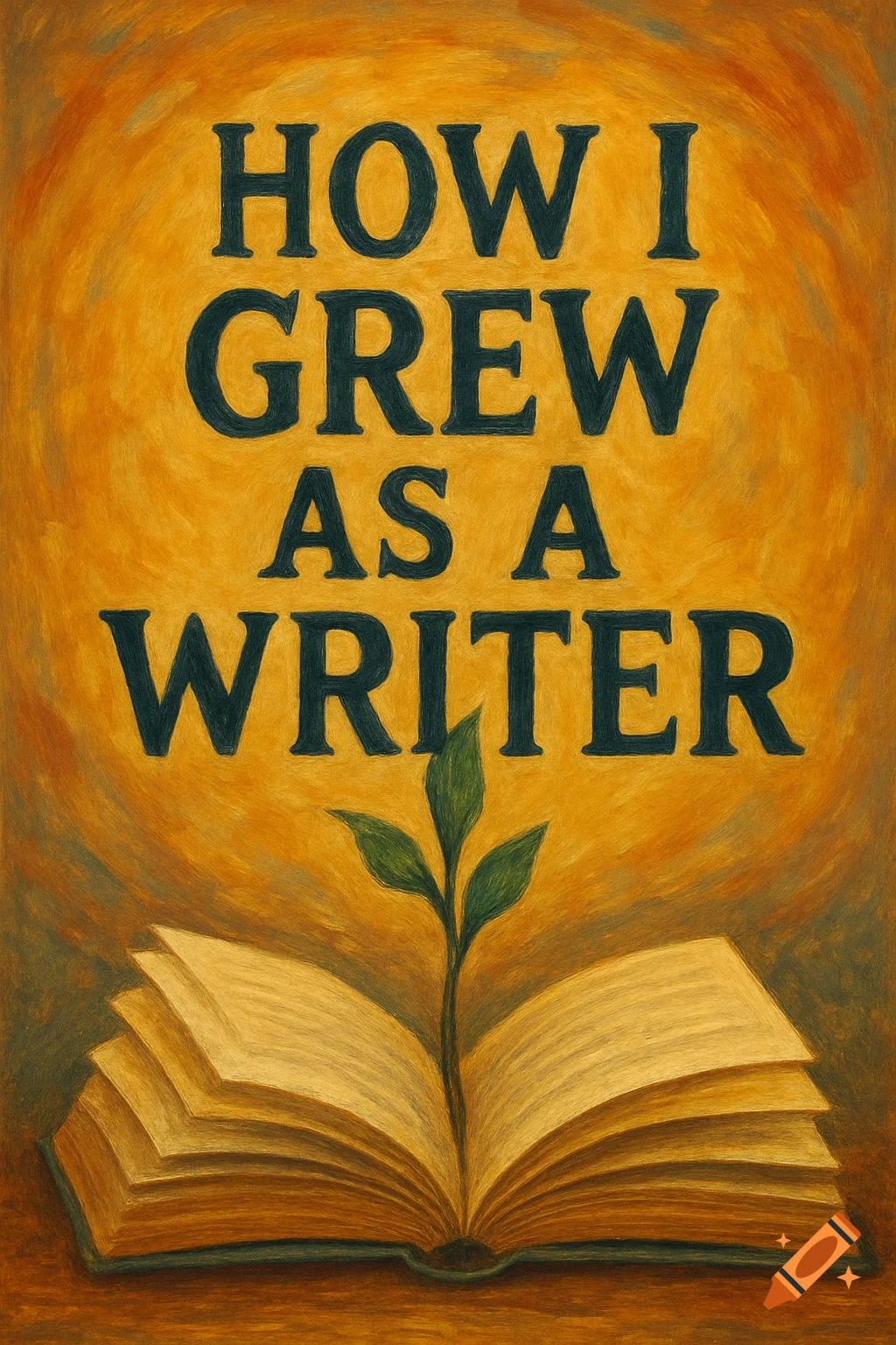 A textured painting of an open book with a green plant growing out of it and the text 'HOW I GREW AS A WRITER' above it.