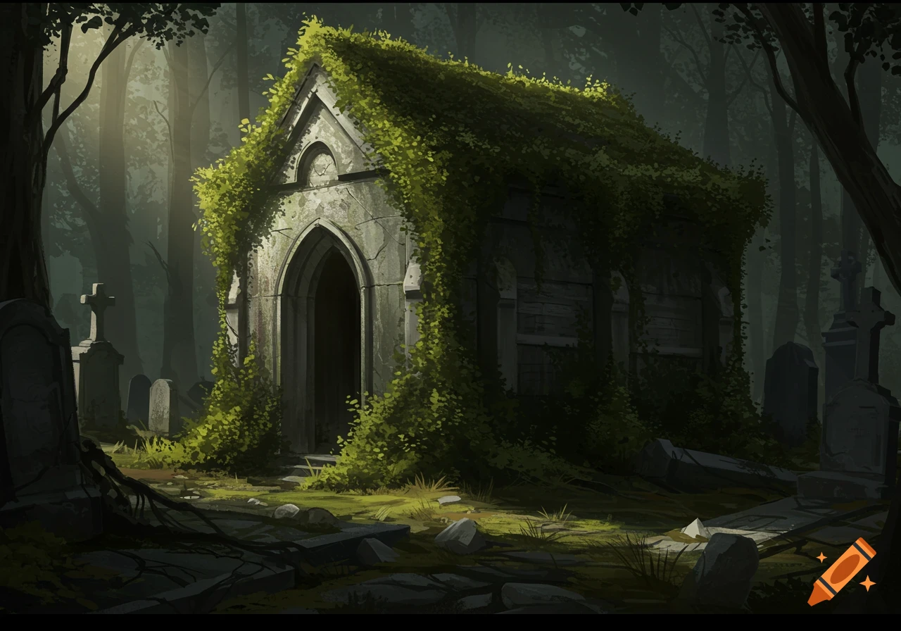 Moss-covered mausoleum in a dark forest cemetery with overgrown graves.